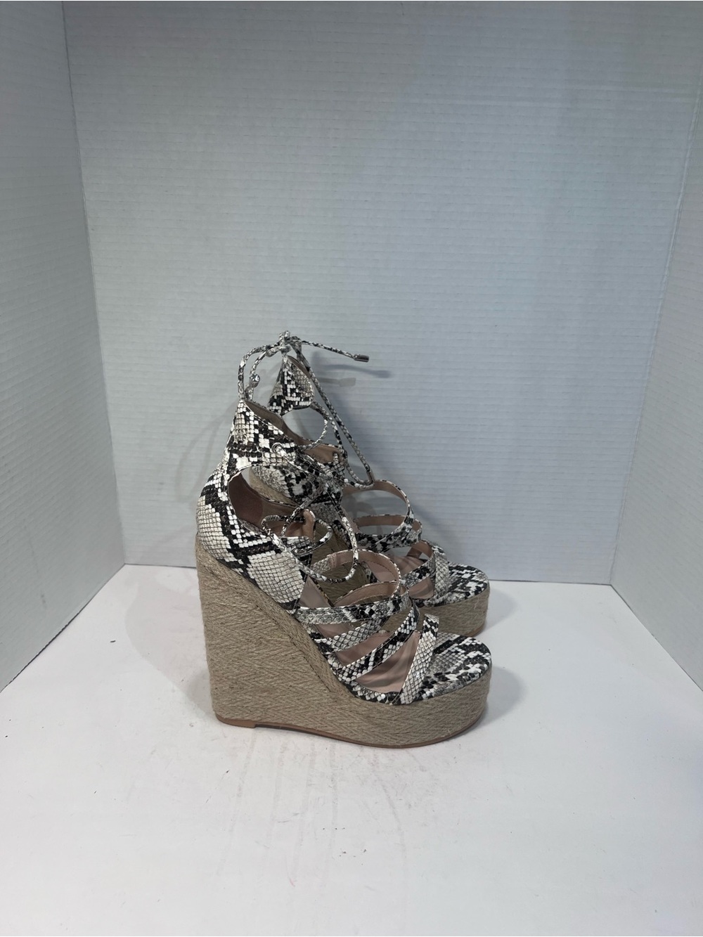 Fashion Nova Black & White Snake-Print Lace-Up Espadrille Wedges